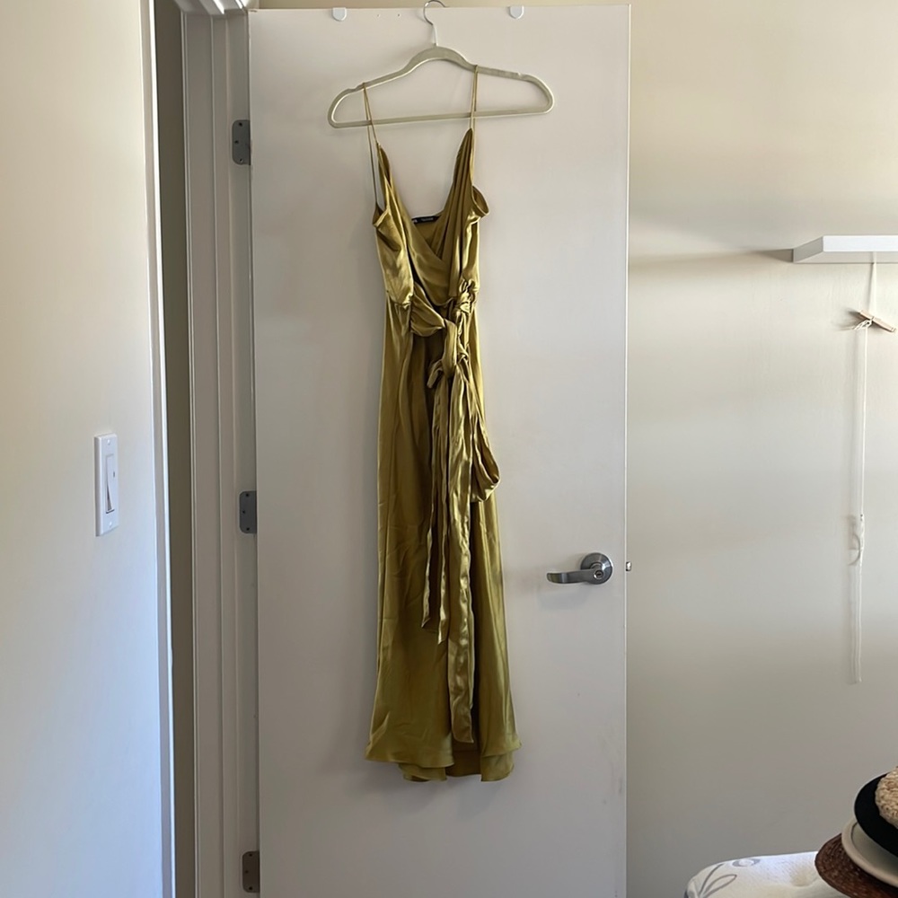 Zara silk chartreuse wrap dress size L